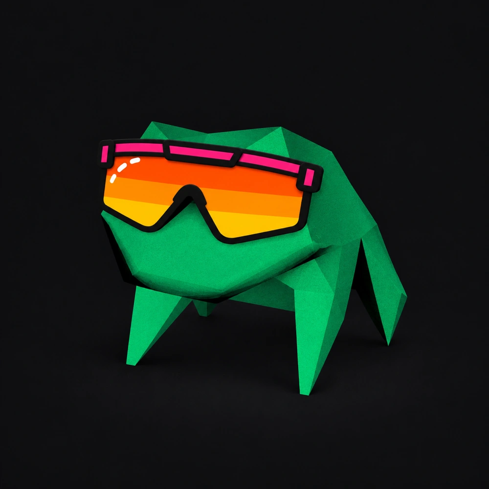A green low-poly frog wearing oversized pink and orange sunglasses